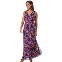 Roman Women's Palm Print Mesh Overlay Maxi Dress in Purple | Size: 10