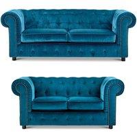 Furnishings For Less UK Ashbourne Chesterfield Velvet Fabric Sofa Suite 3 Seater & 2 Seater Studded Design in Indigo