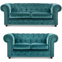 Furnishings For Less UK Ashbourne Chesterfield Velvet Fabric Sofa Suite 3 Seater & 2 Seater Studded Design in Teal