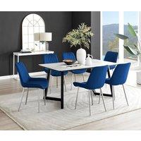 FurnitureboxUK Carson White Marble Effect Dining Table & 6 Pesaro Silver Chairs in Navy