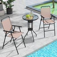 Costway 3 PCS Outdoor Folding Bistro Set Patio 2 Folding Chairs & Round Bar Table W/ 4 cm Umbrella Hole in Beige