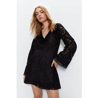 Lace Covered Button Flared Sleeve Mini Dress