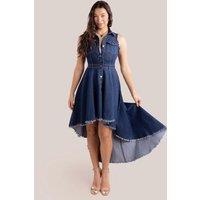 Goddiva Women's Denim Sleeveless High & Low Midaxi Dress in Navy | Size: 10