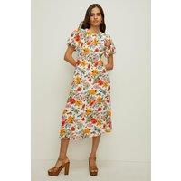 Watercolour Floral Puff Sleeve Midi Dress