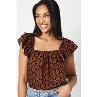 Petite Fan Print Square Neck Cap Sleeve Top