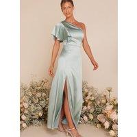 Quiz Women's Green Satin One Shoulder Maxi Dress | Size: 16