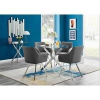 FurnitureboxUK Novara Round Glass Dining Table & 4 Falun Silver Leg Chairs in Dark Grey