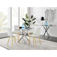 FurnitureboxUK Novara Chrome Metal 100cm Round Glass Dining Table & 4 Corona Gold Dining Chairs in White