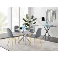 FurnitureboxUK Novara Chrome Metal 100cm Round Glass Dining Table & 4 Corona Gold Dining Chairs in Grey