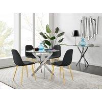 FurnitureboxUK Novara Chrome Metal 100cm Round Glass Dining Table & 4 Corona Gold Dining Chairs in Black