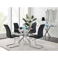 FurnitureboxUK Novara Chrome Metal 100cm Round Glass Dining Table & 4 Murano Dining Chairs in Black