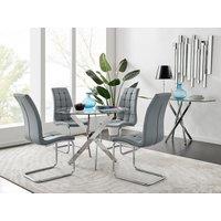 FurnitureboxUK Novara Chrome Metal 100cm Round Glass Dining Table & 4 Murano Dining Chairs in Grey