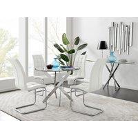 FurnitureboxUK Novara Chrome Metal 100cm Round Glass Dining Table & 4 Murano Dining Chairs in White