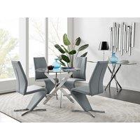FurnitureboxUK Novara Round 100cm Chrome Metal & Glass Dining Table & 4 Willow Dining Chairs Set in Grey