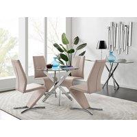 FurnitureboxUK Novara Round 100cm Chrome Metal & Glass Dining Table & 4 Willow Dining Chairs Set in Beige