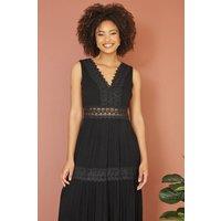 Yumi Women's Black Lace Trim Cotton Midi Sun Dress | Size: Large
