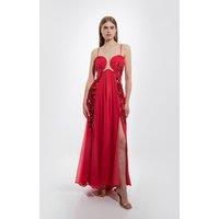 Feather Embellished Woven Halter Maxi Dress