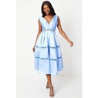 Plunge Neck Twill Midi Dress With Lace Trims