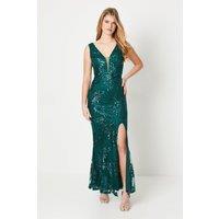 Debut London Women's by Coast Embroidered Sequin Mesh Plunge Prom Dress in Emerald | Size: 8