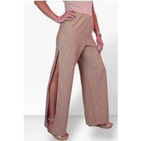 Paulo Due Women's Linen Look Wide Leg Split Hem Trousers in Tan | Size: 14