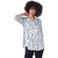 Roman Women's Abstract Print Longline V-Neck Top in Ivory | Size: 10