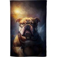 Warren Reed - Designer Bulldog With Glasses Splashart Golden Tea Towel in Brown