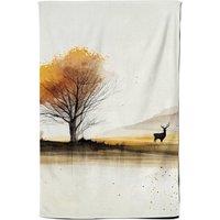 Warren Reed - Designer Autumn Landscape Stag Watercolour Tea Towel in Brown
