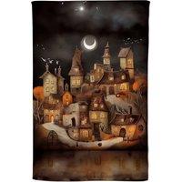 Warren Reed - Designer Spooky Halloween Village Tea Towel in Orange