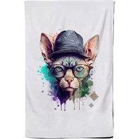 Warren Reed - Designer Sphynx Cat Face Glasses & Hat Splashart Tea Towel