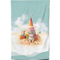 Warren Reed - Designer Cat On A Beach Holiday Tea Towel in Yellow