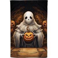 Warren Reed - Designer Spooky White Ghost Holding Pumpkin Tea Towel