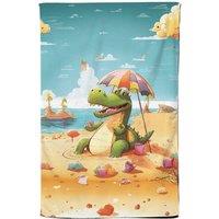 Warren Reed - Designer A Crocodile On A Beach Holiday Tea Towel in Yellow