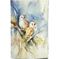 Warren Reed - Designer Barn Owls Watercolour Tea Towel in Brown