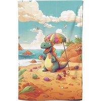 Warren Reed - Designer Dragon On A Beach Holiday Tea Towel in Yellow