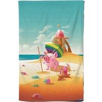 Warren Reed - Designer Piglet On A Beach Holiday Tea Towel in Yellow