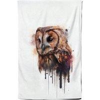 Warren Reed - Designer Tawny Owl Face Splashart Light Background Tea Towel in Brown