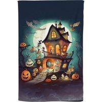 Warren Reed - Designer Illustrations A Whimsical Haunted House Tea Towel in Orange