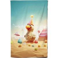Warren Reed - Designer Funky Chicken On A Beach Holiday Tea Towel in Yellow