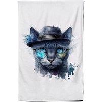Warren Reed - Designer Russian Blue Cat With Glasses Splashart Tea Towel
