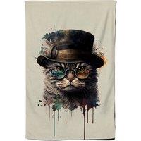 Warren Reed - Designer Cat With Glasses & Hat Splashart Tea Towel