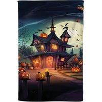 Warren Reed - Designer Spooky Halloween House Tea Towel in Orange