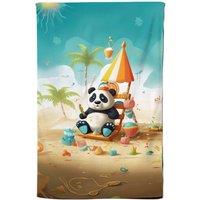 Warren Reed - Designer Happy Panda On A Beach Holiday Tea Towel in Yellow