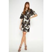 Floral Printed Crepe Flare Sleeve Tailored Dress