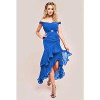 Goddiva Women's Pleated Bardot High Low Tier Chiffon Midaxi Dress in Cobalt | Size: 8