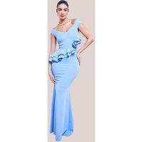 Goddiva Women's Scuba Crepe Rose Frill Maxi Dress in Light Blue | Size: 16