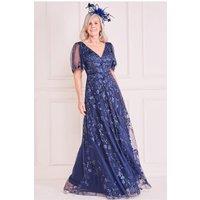 Goddiva Women's Embroidered Flared Sleeve Maxi in Navy | Size: 10