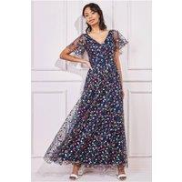 Goddiva Women's Flutter Sleeve Floral Embroidered Maxi in Navy | Size: 12