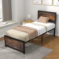 Costway Single Size Bed Frame Heavy-duty Industrial Metal Platform Bed w/High Headboard in Brown