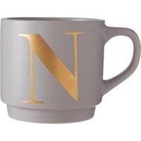 Premier Housewares Pink N Letter Mug, Ceramic Mug With Gold Letter, Reusable Cup With Sturdy Handle, Ideal For Office or Home Use in Grey