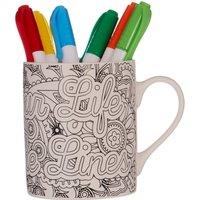 Orsina Colour Your Life Outside The Lines In Mug, Bone China Mug With Floral Design & Six Colouring Pens, Coffee Cup